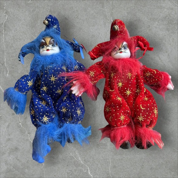 2 Mardi Gras Jester Clowns Dolls Cat Face Porcelain Posable Blue‎ Red 10" - Picture 1 of 4